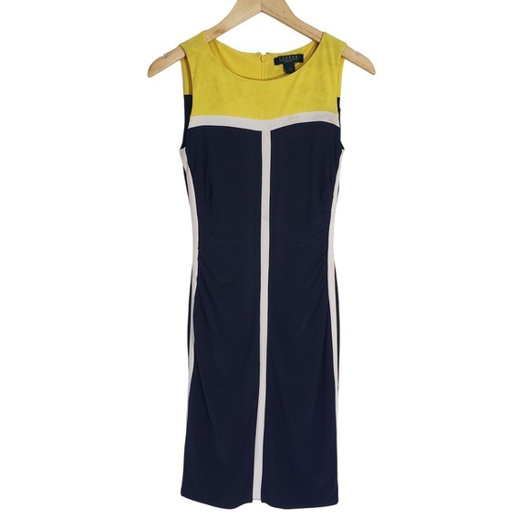 Lauren Ralph Lauren Colorblock Ruched Sheath Dress Navy Yellow Size 2 - Picture 11 of 12